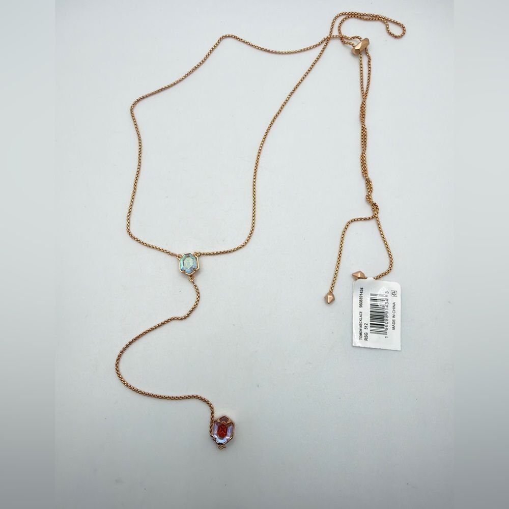 NWT Kendra Scott "Tomon" lariat Necklace in rose gold metal w/ dichroic glass!